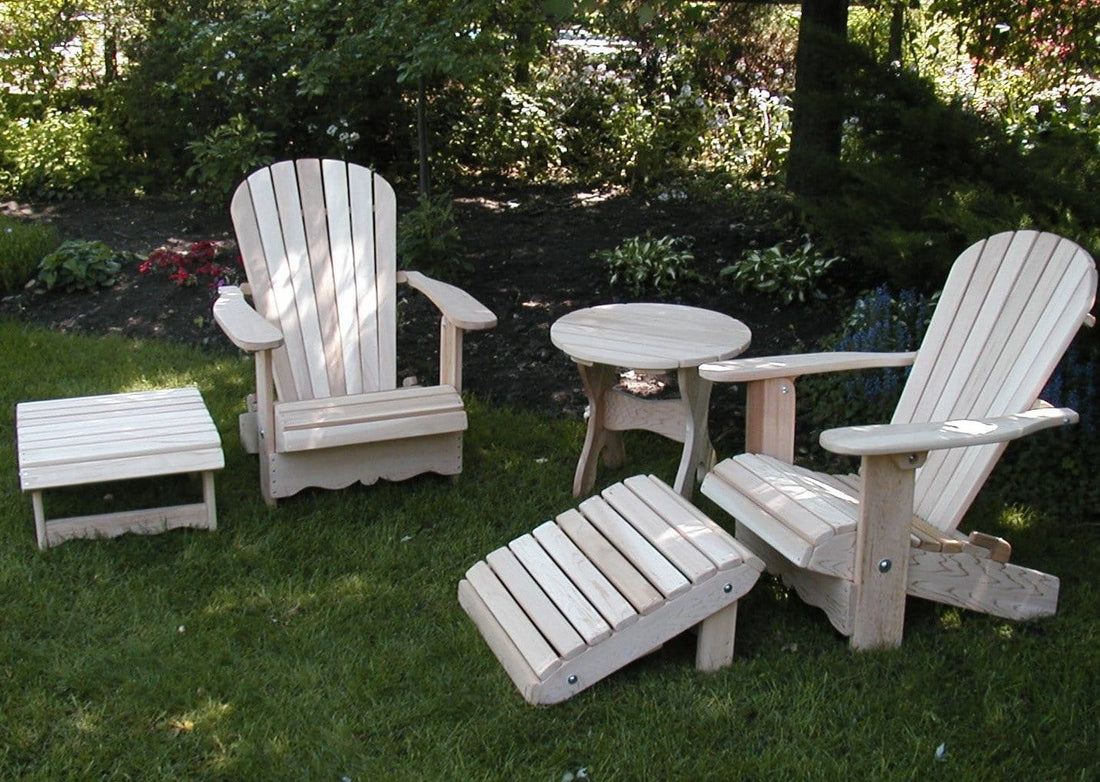 Unstained Clear Cedar Royal Complete Patio Set 2 Adirondack Royal Chairs, 2 Royal Adirondack Footstools Ottomans and 1 Adirondack 24" Round Table