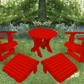Red Poly-Luxe 100% Recycled Plastic Royal Complete Patio Set 2 Adirondack Royal Chairs, 2 Royal Adirondack Footstools Ottomans and 1 Adirondack Round Table